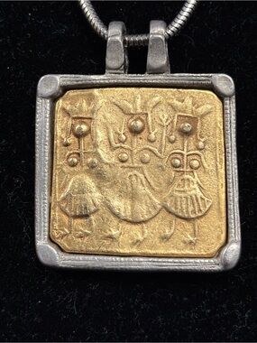 Chico's Two-Tone Gold and Silver Square Relief Pendant Necklace.